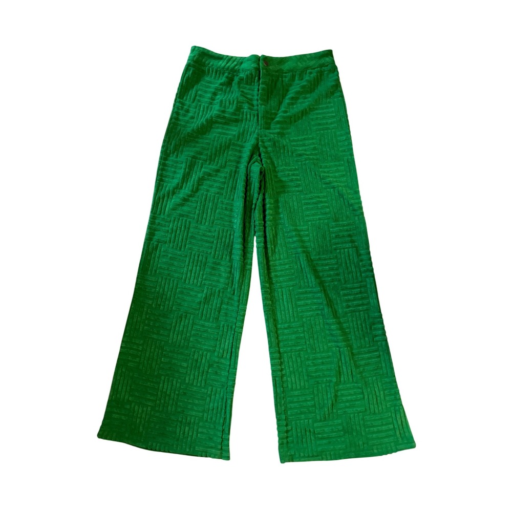 Cider Green Textured Wide Leg Pants Basketweave Terry Cloth High Waist XL